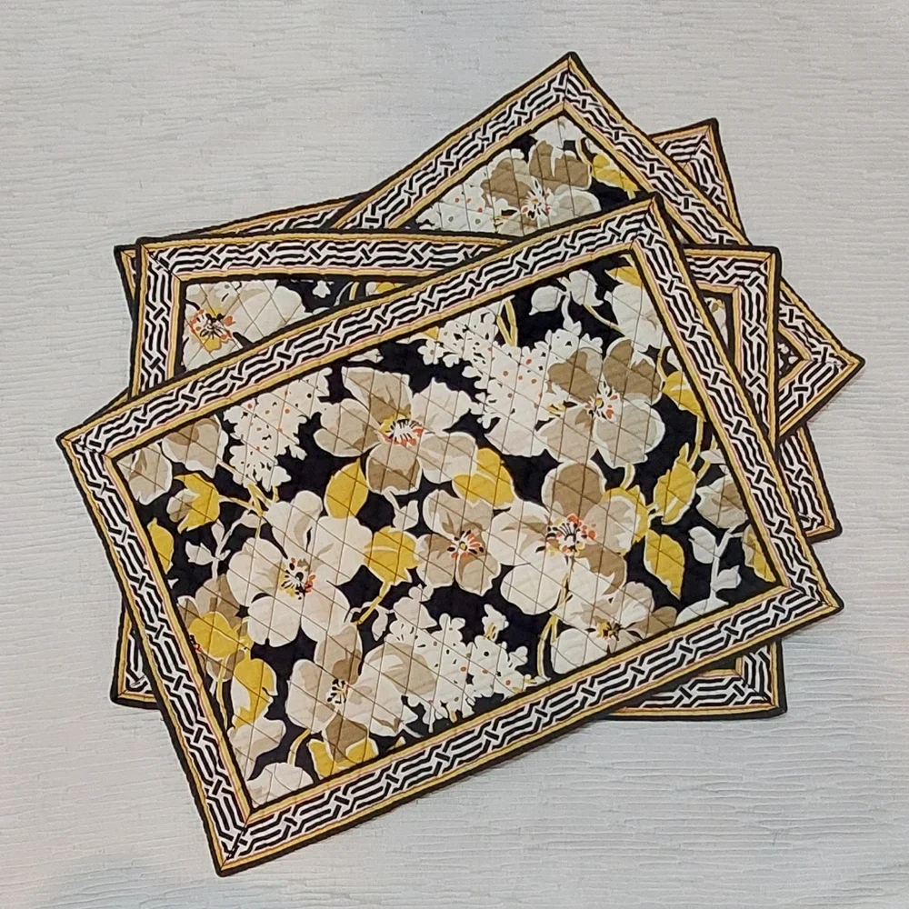 Vera Bradley Floral Quilted Placemats in Black, Yellow, & Cream Set Of 4